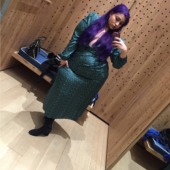 Boohoo Curve Green Satin Faced Long Sleeve White Polka Dot Surplice Plus Size 18 - Picture 2 of 7